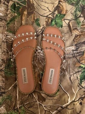 Steve Madden Tan/Nude Clear Strap Studded Slide Sandals